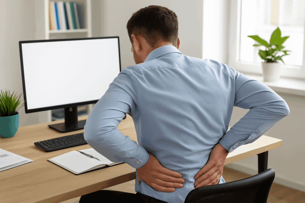 Mann im Büro, der sich an den Rücken fasst
