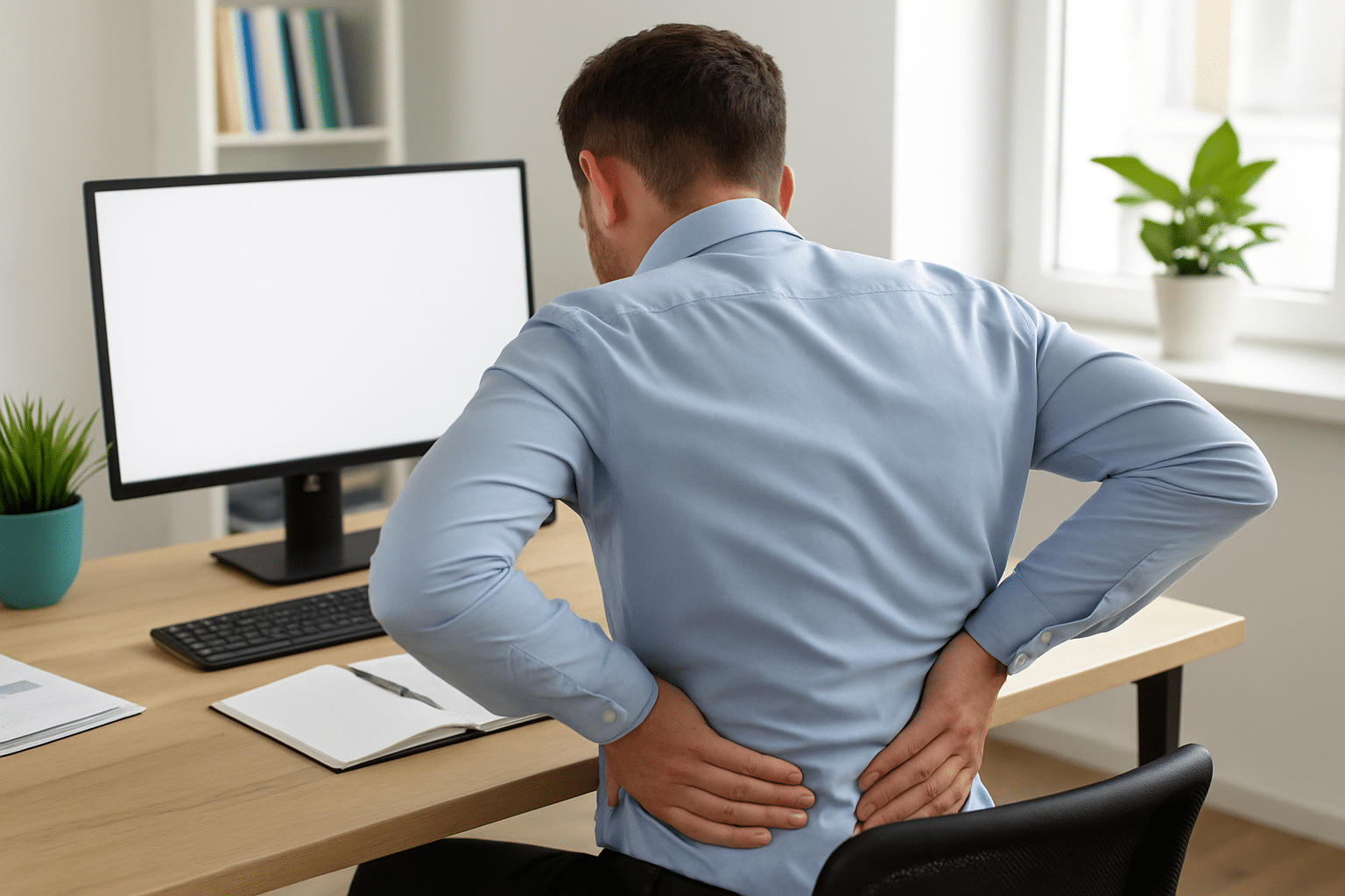 Mann im Büro, der sich an den Rücken fasst