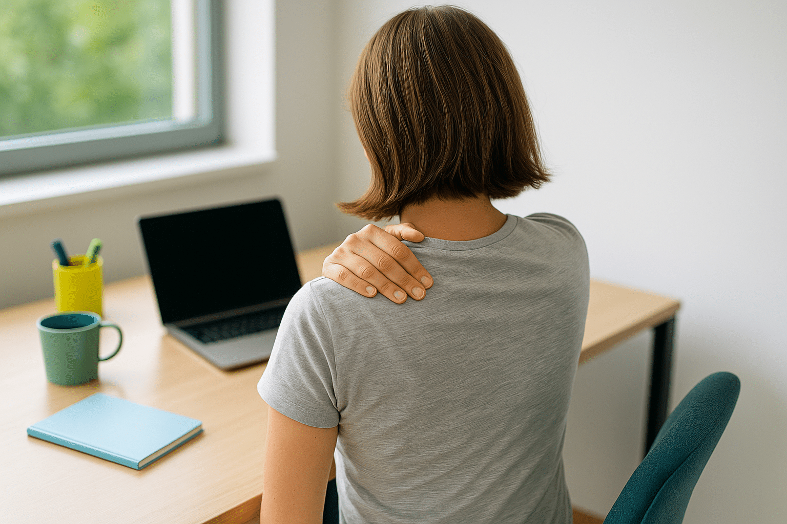 Frau am Schreibtisch, die sich an die Schulter fässt